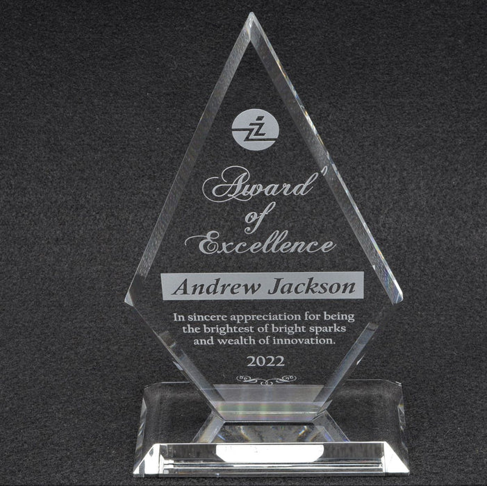 Clipped Diamond Optical Crystal Award on a base
