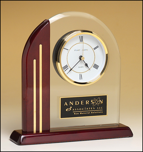 Arched clock with glass upright and rosewood piano-finish post and base