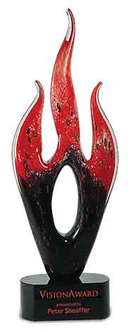 Red/Black Flame Art Glass Award Mounted on a Black Glass Base