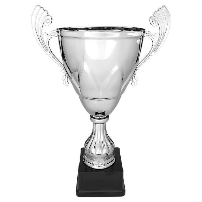 Silver Metal Cup Trophy with Flared Handles on Black Base