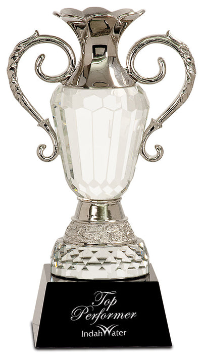Crystal Trophy Cup with Silver Metal Handles on Black  Base