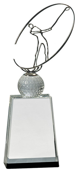 Golf Crystal Award with silver metal golfer standing on a clear crystal golf ball