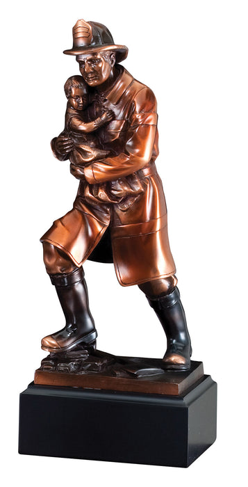 Firefighter with Child Bronze Trophy on Black Base