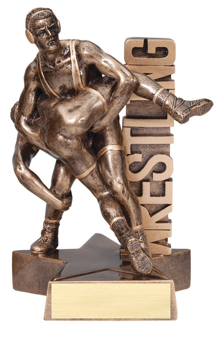 Wrestling Male Figure Trophy with Sport Name vertically