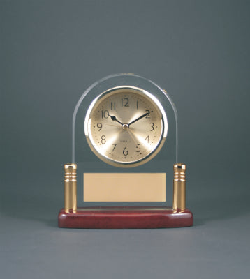 Arch Glass Desk Clock with Metal Posts & Rosewood Piano Finish